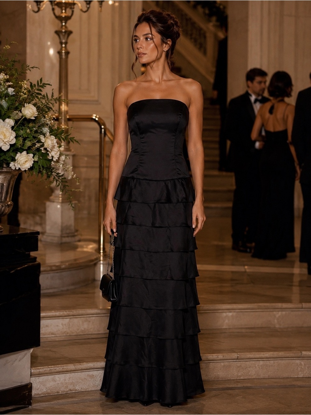 Vintage 90s Lazaro Black Strapless Tiered Ruffle Maxi Gown Dress Modern Size 0